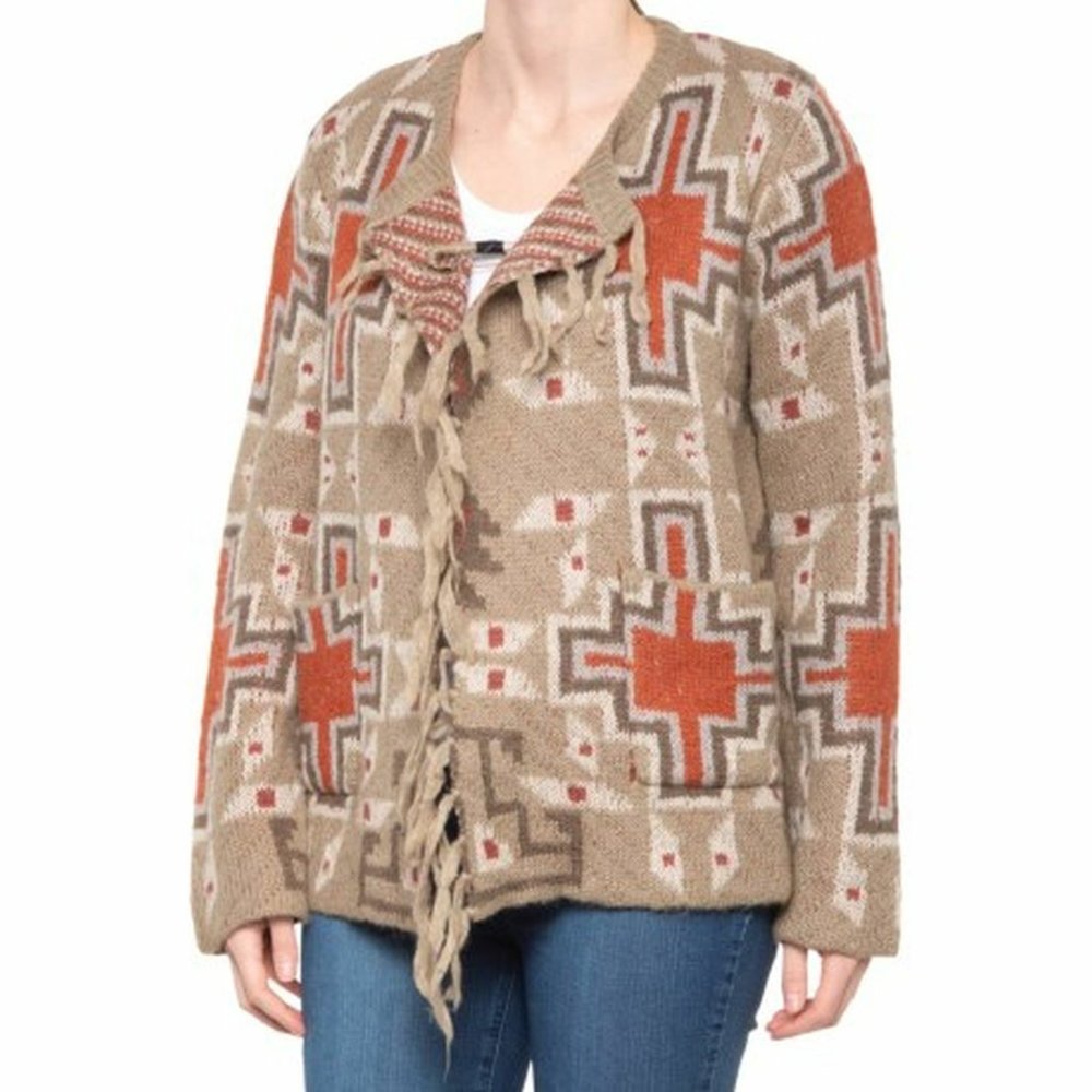 MISS ME Vintage Aztec Southwest Tan Fringe Open Cardigan Sweater Women's M NEW